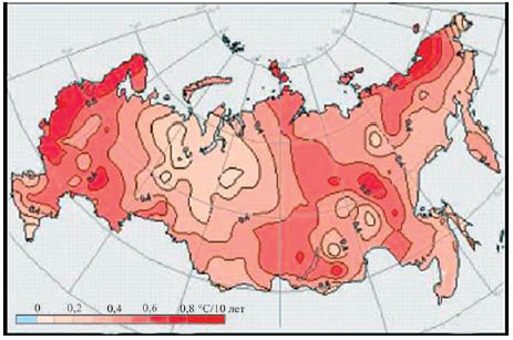 Изменение среднегодовой температуры приземного воздуха на территории России